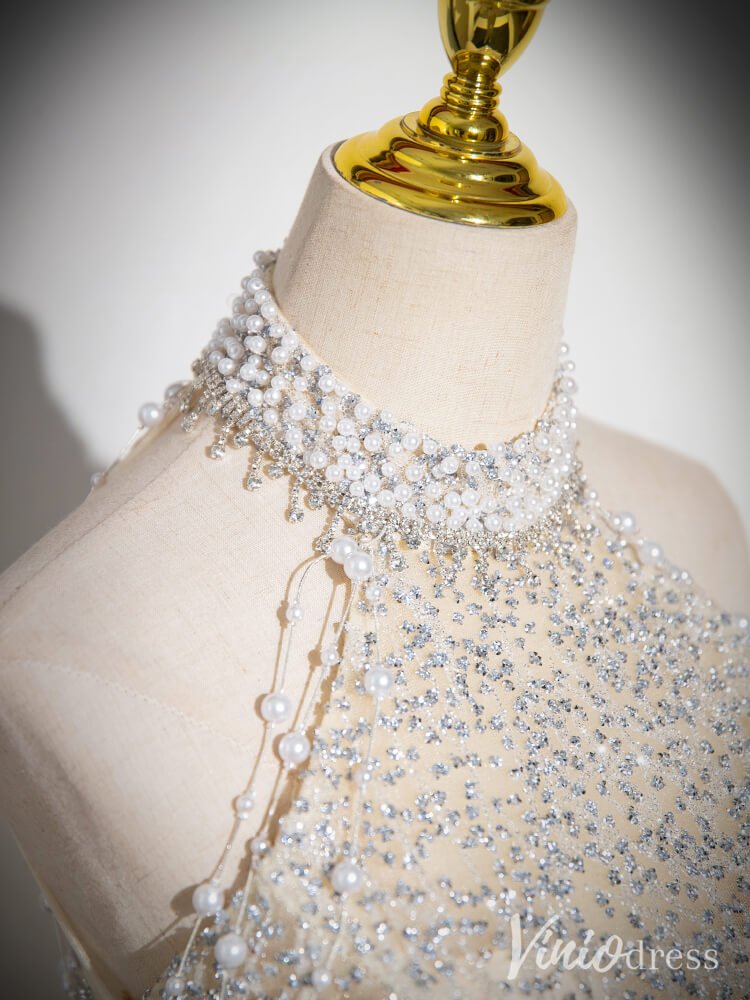 Champagne Halter Neck Prom Dresses Sparkly Beaded Lace Formal Dress AD1346-prom dresses 2025 -Viniodress-Champagne-Custom Size-