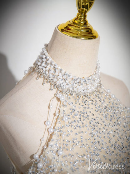 Champagne Halter Neck Prom Dresses Sparkly Beaded Lace Formal Dress AD1346-prom dresses 2025 -Viniodress-Champagne-Custom Size-