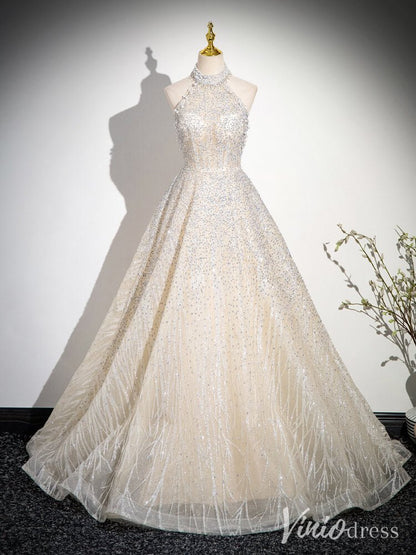Champagne Halter Neck Prom Dresses Sparkly Beaded Lace Formal Dress AD1346-prom dresses 2025 -Viniodress-Champagne-Custom Size-