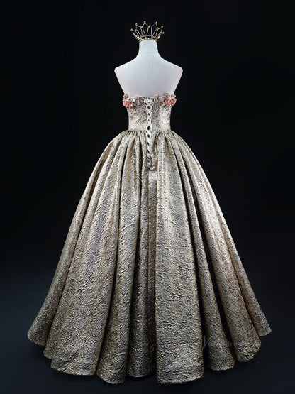 Champagne Jacquard Prom Dresses Floral Strapless Quinceanera Dresses SU022-prom dresses 2025 -Viniodress-Champagne-Custom Size-