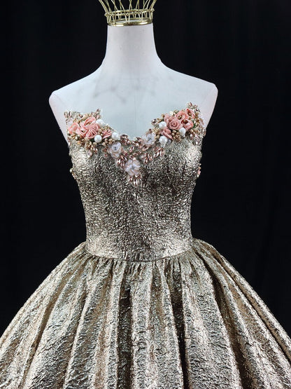 Champagne Jacquard Prom Dresses Floral Strapless Quinceanera Dresses SU022-prom dresses 2025 -Viniodress-Champagne-Custom Size-
