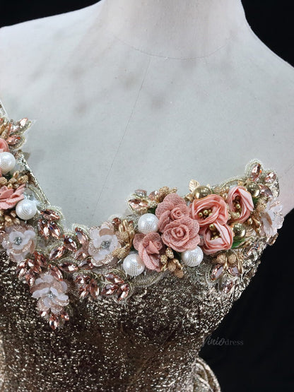 Champagne Jacquard Prom Dresses Floral Strapless Quinceanera Dresses SU022-prom dresses 2025 -Viniodress-Champagne-Custom Size-