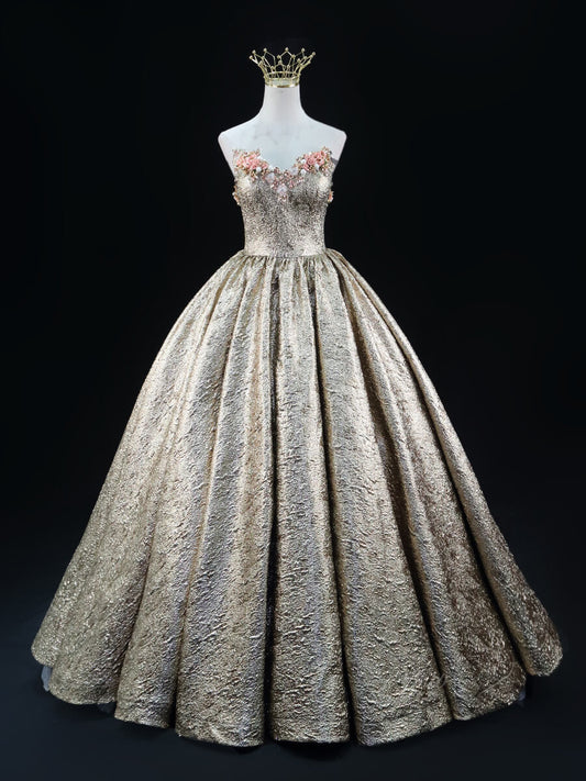 Champagne Jacquard Prom Dresses Floral Strapless Quinceanera Dresses SU022-prom dresses 2025 -Viniodress-Champagne-Custom Size-