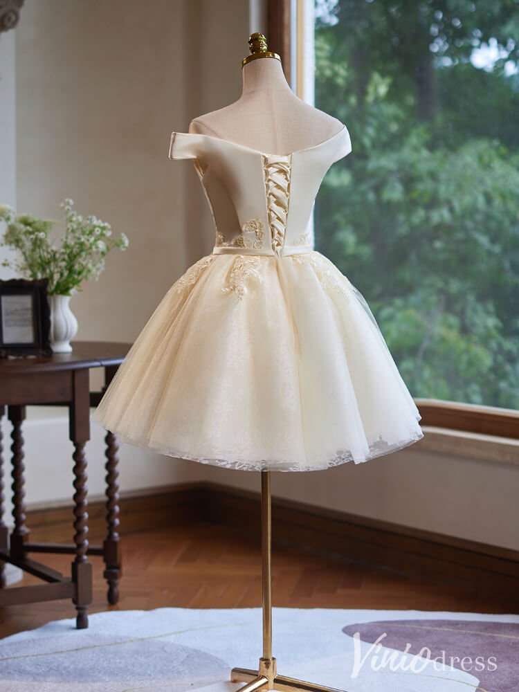 Champagne Lace Applique Homecoming Dresses Off the Shoulder Graduation Dress BJ053-prom dresses 2025 -Viniodress-Yellow-Custom Size-