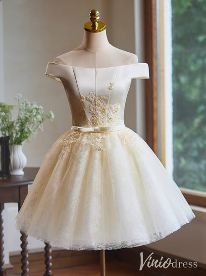 Champagne Lace Applique Homecoming Dresses Off the Shoulder Graduation Dress BJ053-prom dresses 2025 -Viniodress-Yellow-Custom Size-
