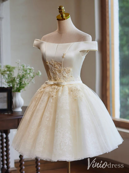 Champagne Lace Applique Homecoming Dresses Off the Shoulder Graduation Dress BJ053-prom dresses 2025 -Viniodress-Yellow-Custom Size-