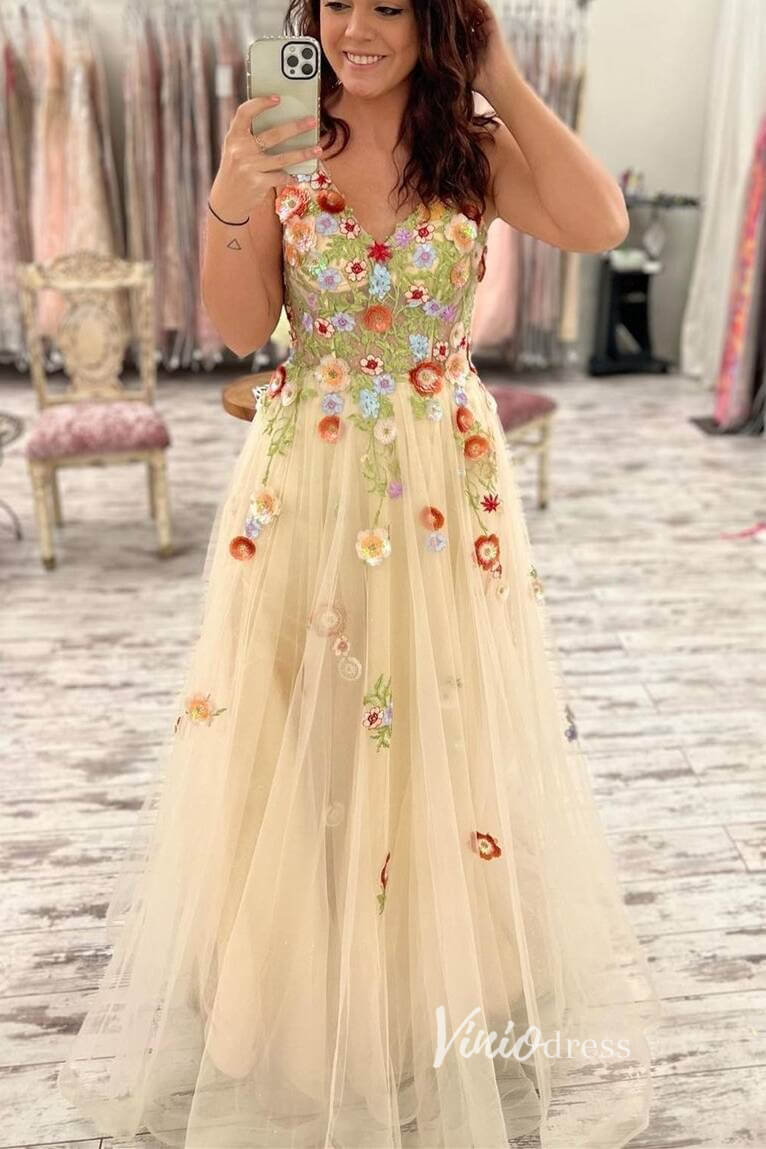 Champagne Lace Applique Prom Dresses Floral V-Neck Formal Gown FD3373-prom dresses 2025 -Viniodress-Champagne-Custom Size-