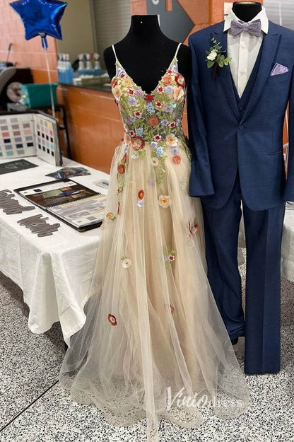Champagne Lace Applique Prom Dresses Floral V-Neck Formal Gown FD3373-prom dresses 2025 -Viniodress-Champagne-Custom Size-