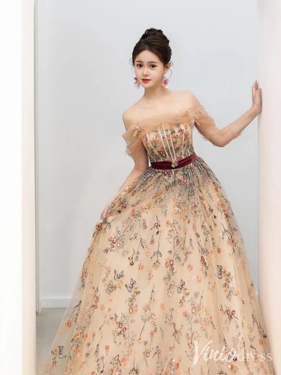 Champagne Lace Applique Prom Dresses Sheer Long Sleeve Off the Shoulder 90076-prom dresses 2025 -Viniodress-Champagne-Custom Size-