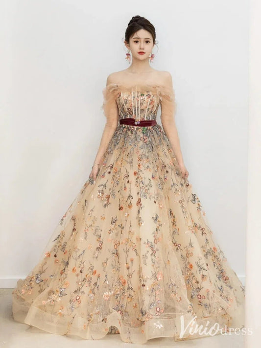 Champagne Lace Applique Prom Dresses Sheer Long Sleeve Off the Shoulder 90076-prom dresses 2025 -Viniodress-Champagne-Custom Size-