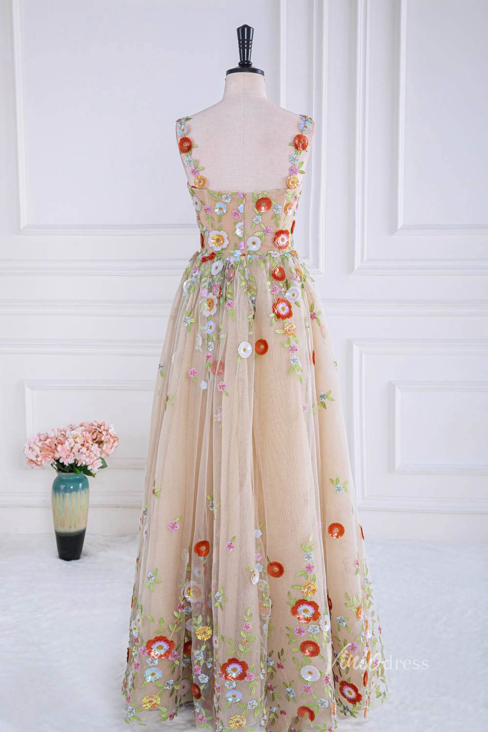 Champagne Lace Applique Prom Dresses Spaghetti Strap Boned Bodice FD4013-prom dresses 2025 -Viniodress-Champagne-Custom Size-