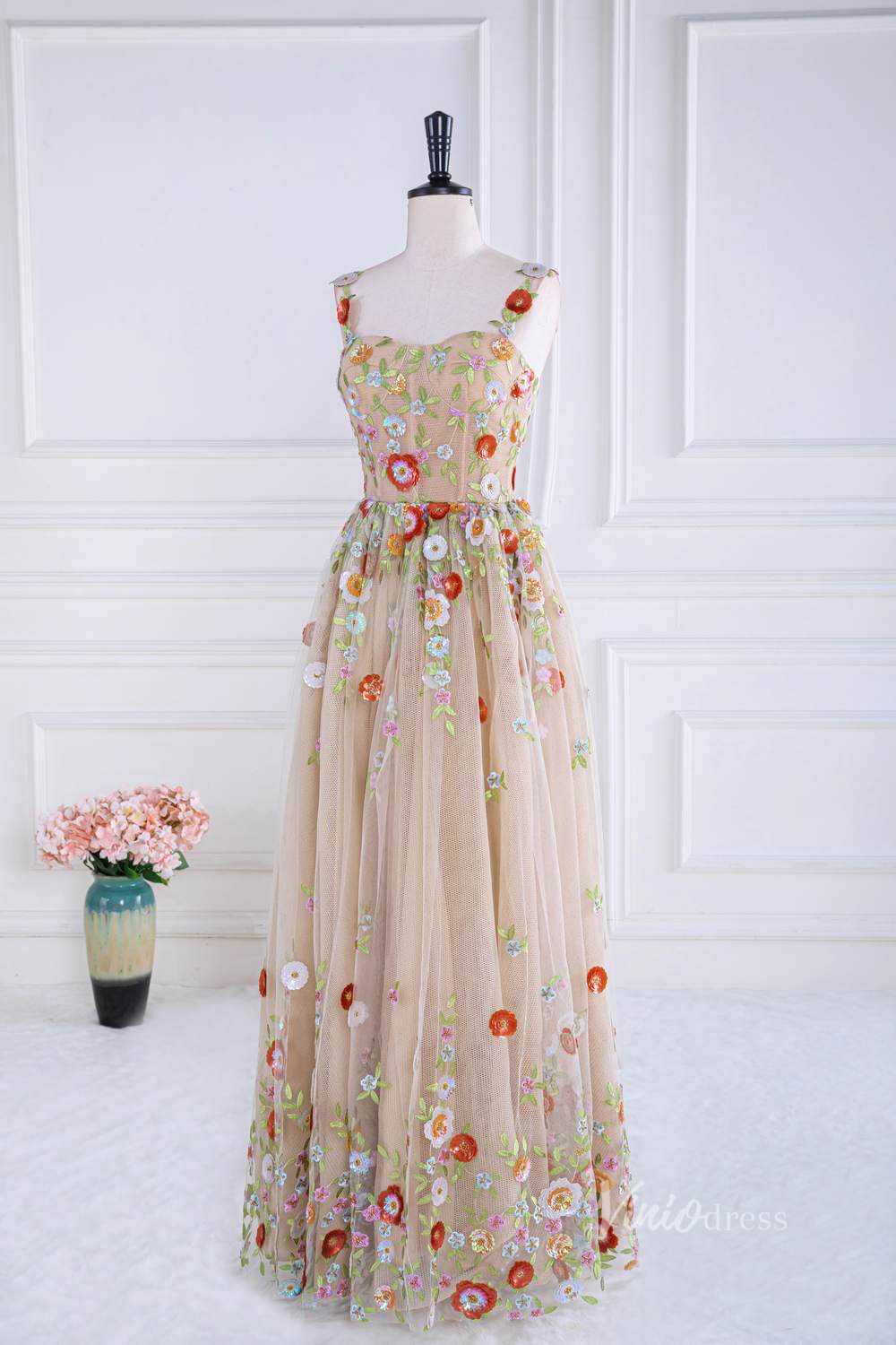 Champagne Lace Applique Prom Dresses Spaghetti Strap Boned Bodice FD4013-prom dresses 2025 -Viniodress-Champagne-Custom Size-