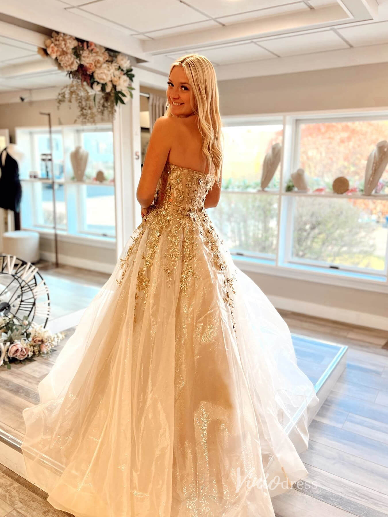 Champagne Lace Applique Strapless Prom Dresses Sparkly Tulle FD3694-prom dresses 2025 -Viniodress-Champagne-Custom Size-