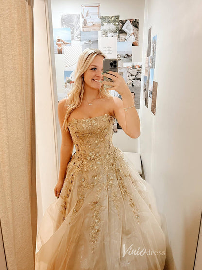 Champagne Lace Applique Strapless Prom Dresses Sparkly Tulle FD3694-prom dresses 2025 -Viniodress-Champagne-Custom Size-