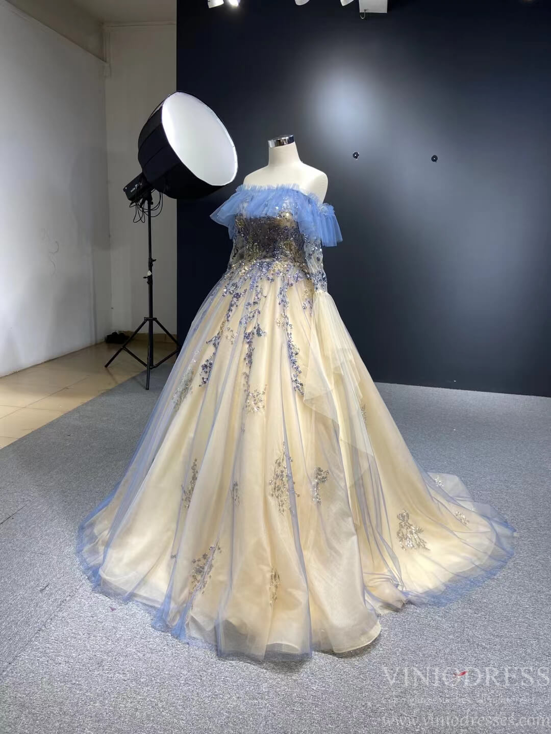Champagne Long Prom Dresses Off the Shoulder Ball Gown 66957 Viniodress-prom dresses 2025 -Viniodress-Sleeveless-Champagne-Custom Size