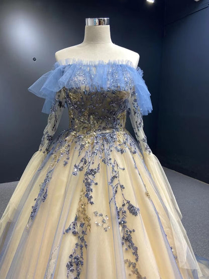 Champagne Long Prom Dresses Off the Shoulder Ball Gown 66957 Viniodress-prom dresses 2025 -Viniodress-Sleeveless-Champagne-Custom Size