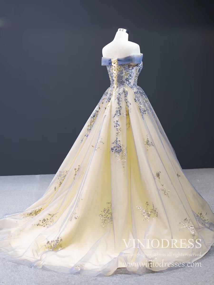 Champagne Long Prom Dresses Off the Shoulder Ball Gown 66957 Viniodress-prom dresses 2025 -Viniodress-Sleeveless-Champagne-Custom Size