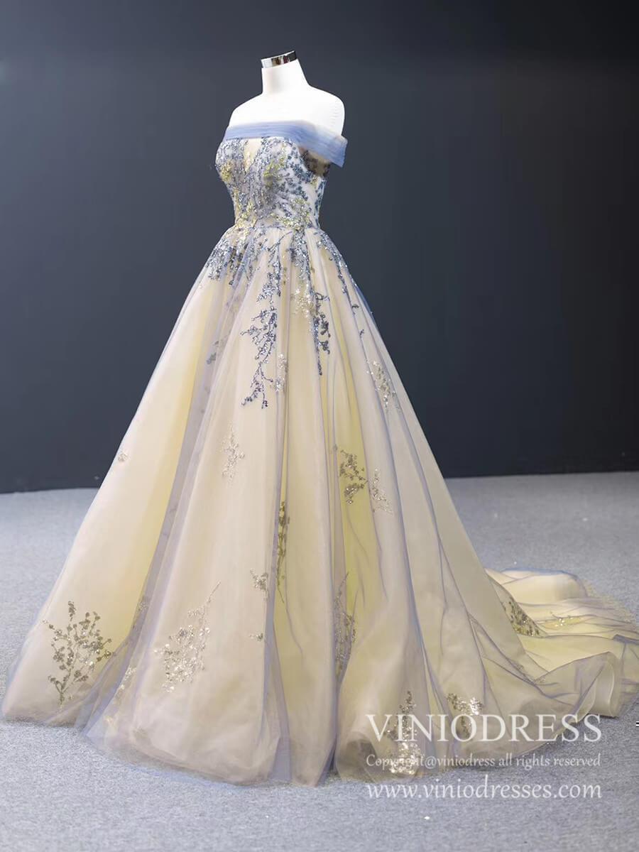 Champagne Long Prom Dresses Off the Shoulder Ball Gown 66957 Viniodress-prom dresses 2025 -Viniodress-Sleeveless-Champagne-Custom Size