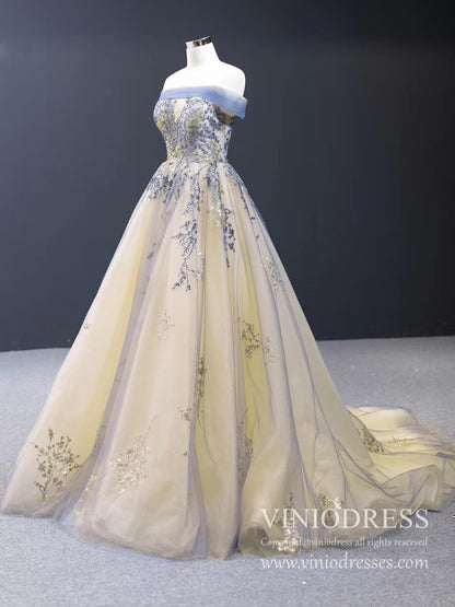 Champagne Long Prom Dresses Off the Shoulder Ball Gown 66957 Viniodress-prom dresses 2025 -Viniodress-Sleeveless-Champagne-Custom Size
