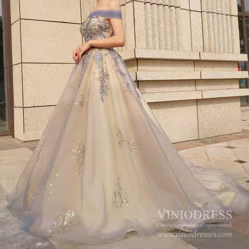 Champagne Long Prom Dresses Off the Shoulder Ball Gown 66957 Viniodress-prom dresses 2025 -Viniodress-Sleeveless-Champagne-Custom Size