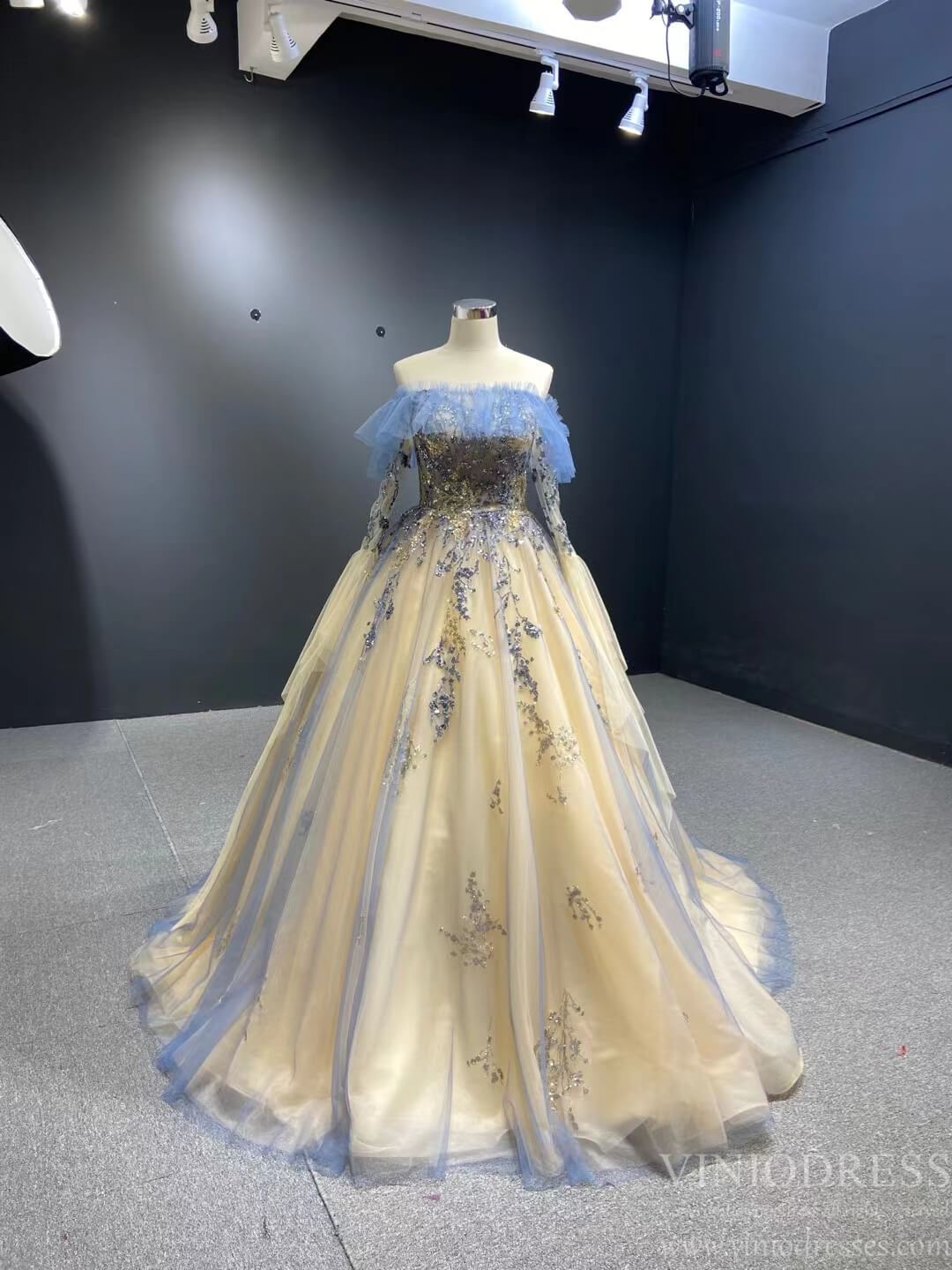 Champagne Long Prom Dresses Off the Shoulder Ball Gown 66957 Viniodress-prom dresses 2025 -Viniodress-Sleeveless-Champagne-Custom Size