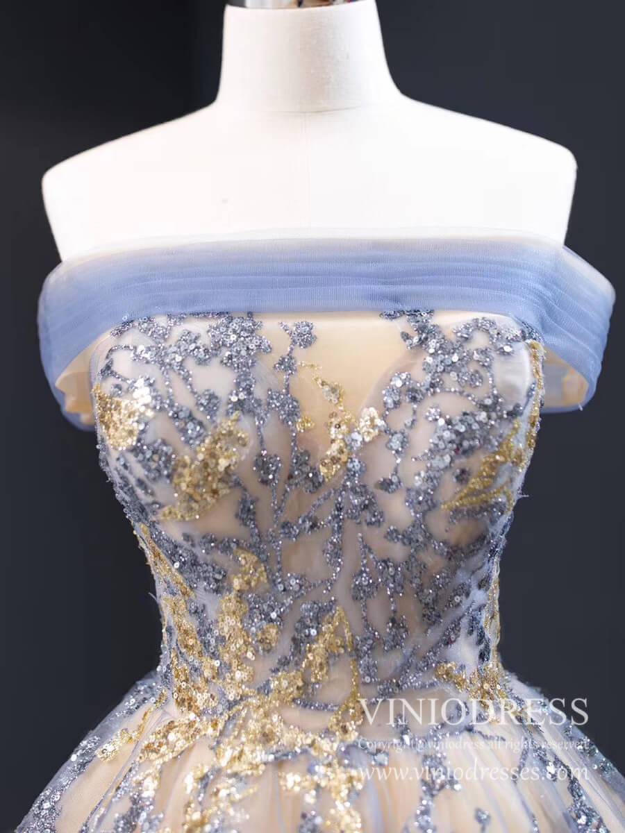 Champagne Long Prom Dresses Off the Shoulder Ball Gown 66957 Viniodress-prom dresses 2025 -Viniodress-Sleeveless-Champagne-Custom Size