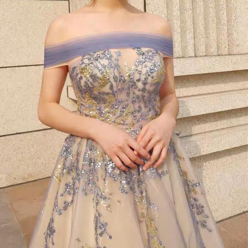 Champagne Long Prom Dresses Off the Shoulder Ball Gown 66957 Viniodress-prom dresses 2025 -Viniodress-Sleeveless-Champagne-Custom Size