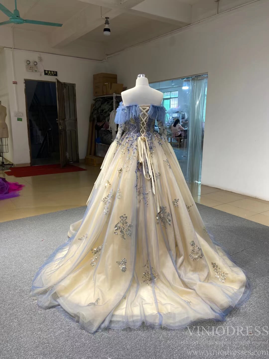 Champagne Long Prom Dresses Off the Shoulder Ball Gown 66957 Viniodress-prom dresses 2025 -Viniodress-Sleeveless-Champagne-Custom Size