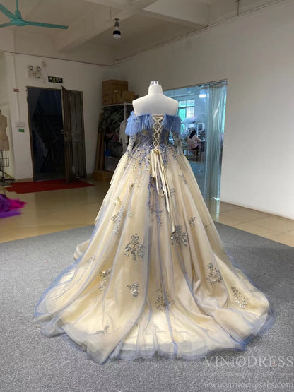 Champagne Long Prom Dresses Off the Shoulder Ball Gown 66957 Viniodress-prom dresses 2025 -Viniodress-Sleeveless-Champagne-Custom Size