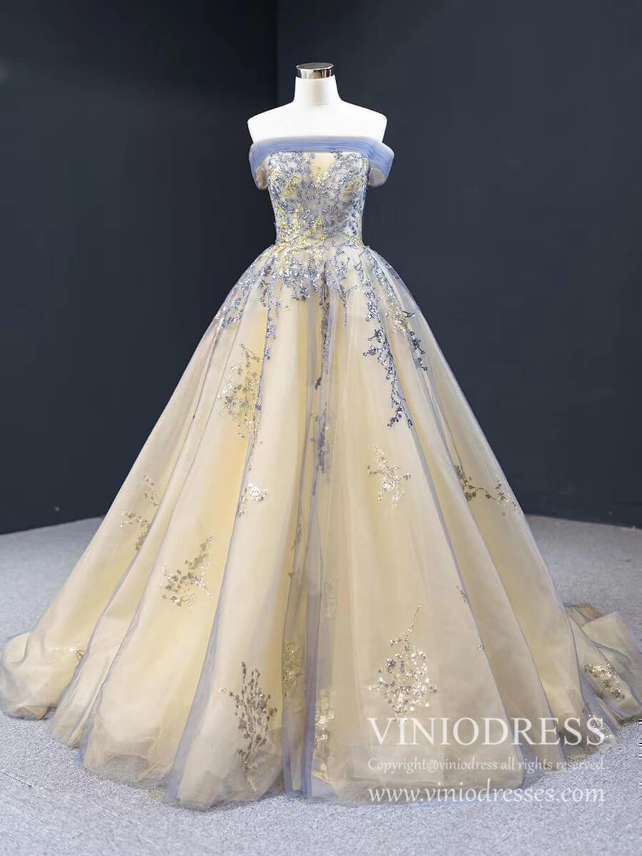Champagne Long Prom Dresses Off the Shoulder Ball Gown 66957 Viniodress-prom dresses 2025 -Viniodress-Sleeveless-Champagne-Custom Size