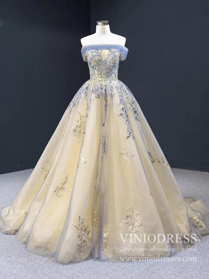 Champagne Long Prom Dresses Off the Shoulder Ball Gown 66957 Viniodress-prom dresses 2025 -Viniodress-Sleeveless-Champagne-Custom Size
