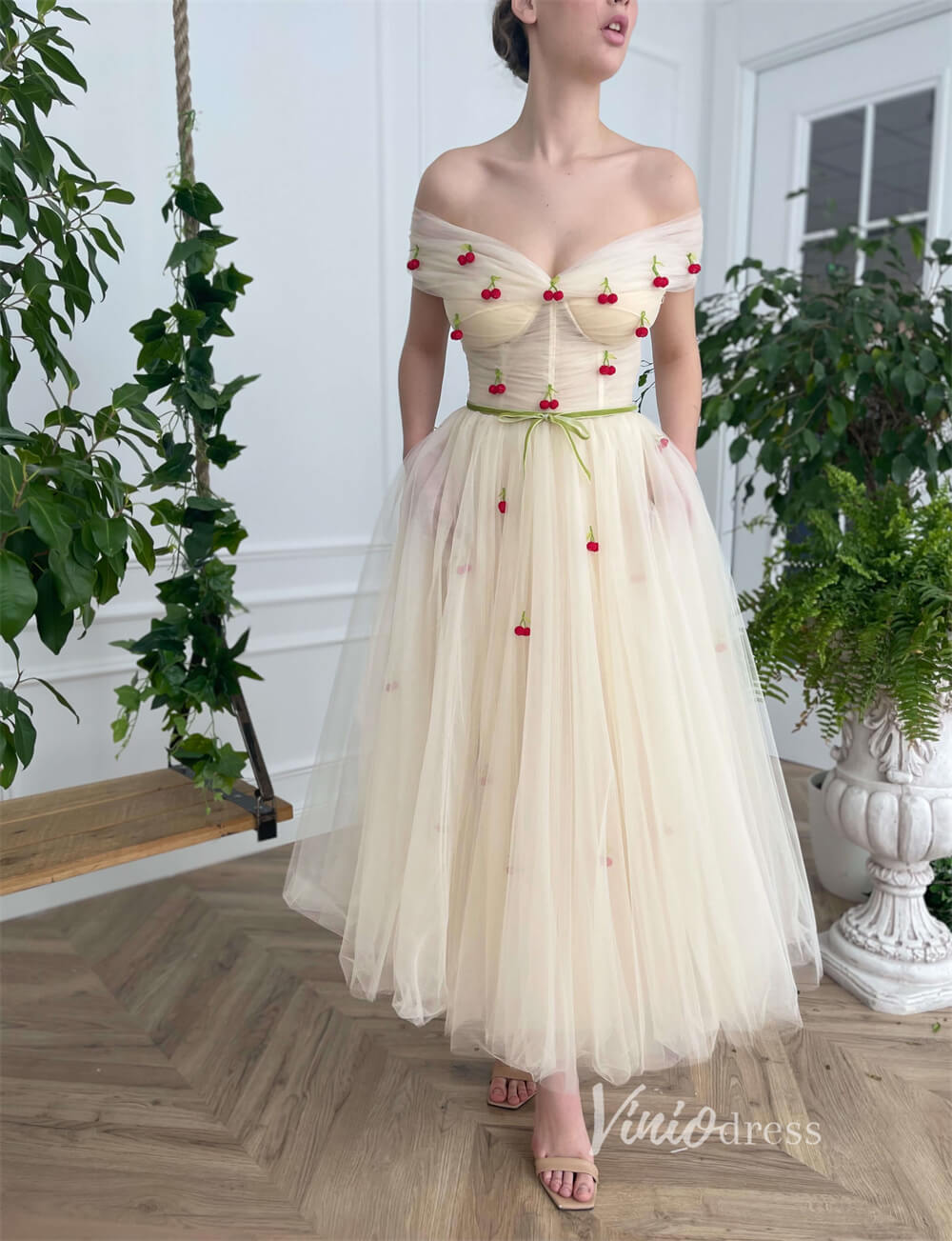 Short Prom Dresses 2025 Champagne Maxi Dress Off the Shoulder Cherry Prom Dress with Pockets SD1444-homecoming dresses-Viniodress-Champagne-Custom Size-Viniodress