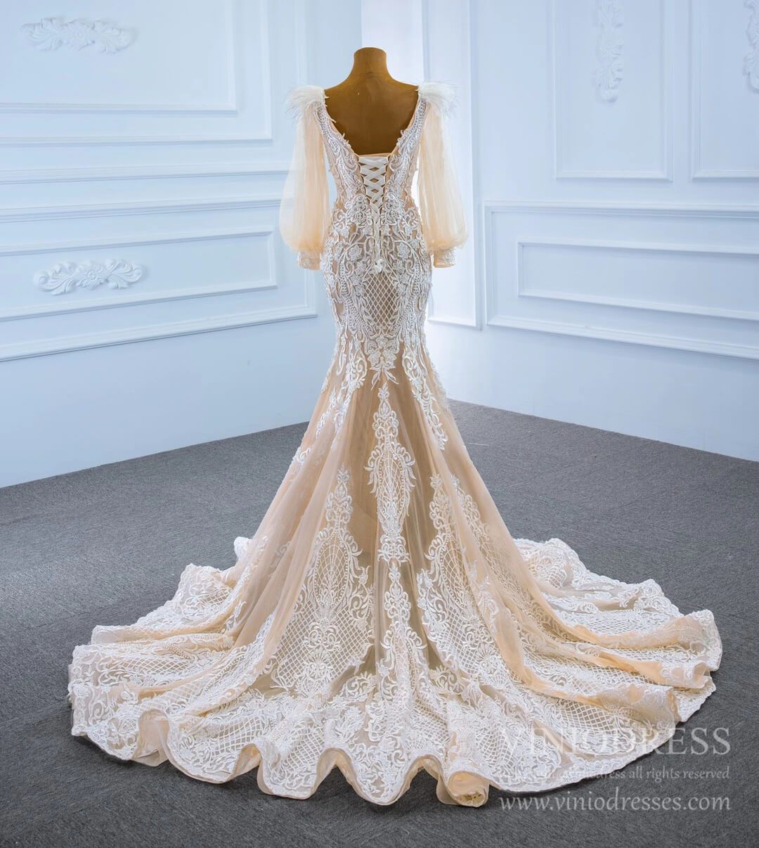 Champagne Mermaid Lace Wedding Dresses with Long Puff Sleeves VW1806-wedding dresses 2025 -Viniodress-Champagne-Custom Size-