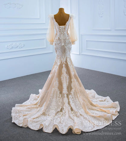 Champagne Mermaid Lace Wedding Dresses with Long Puff Sleeves VW1806-wedding dresses 2025 -Viniodress-Champagne-Custom Size-