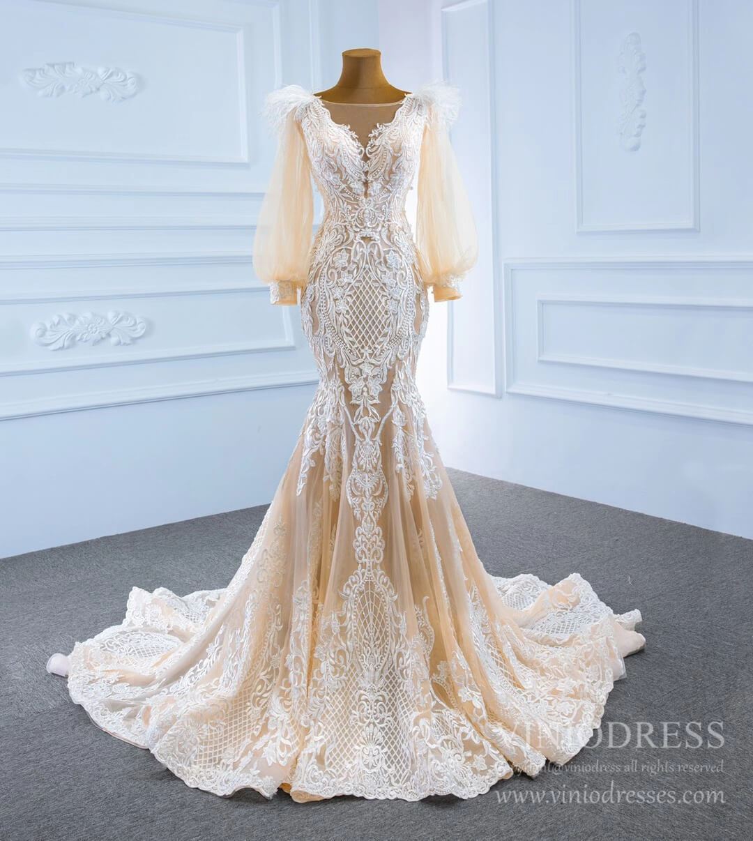 Champagne Mermaid Lace Wedding Dresses with Long Puff Sleeves VW1806-wedding dresses 2025 -Viniodress-Champagne-Custom Size-