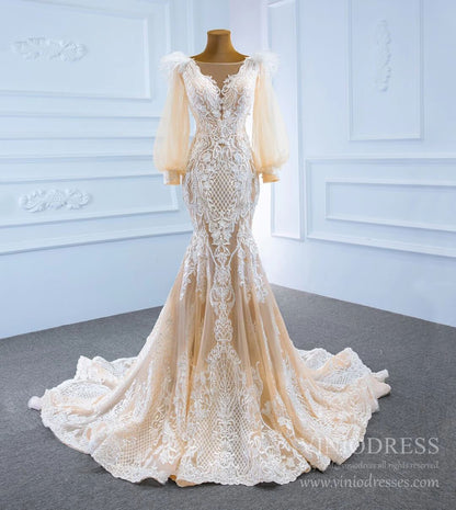 Champagne Mermaid Lace Wedding Dresses with Long Puff Sleeves VW1806-wedding dresses 2025 -Viniodress-Champagne-Custom Size-