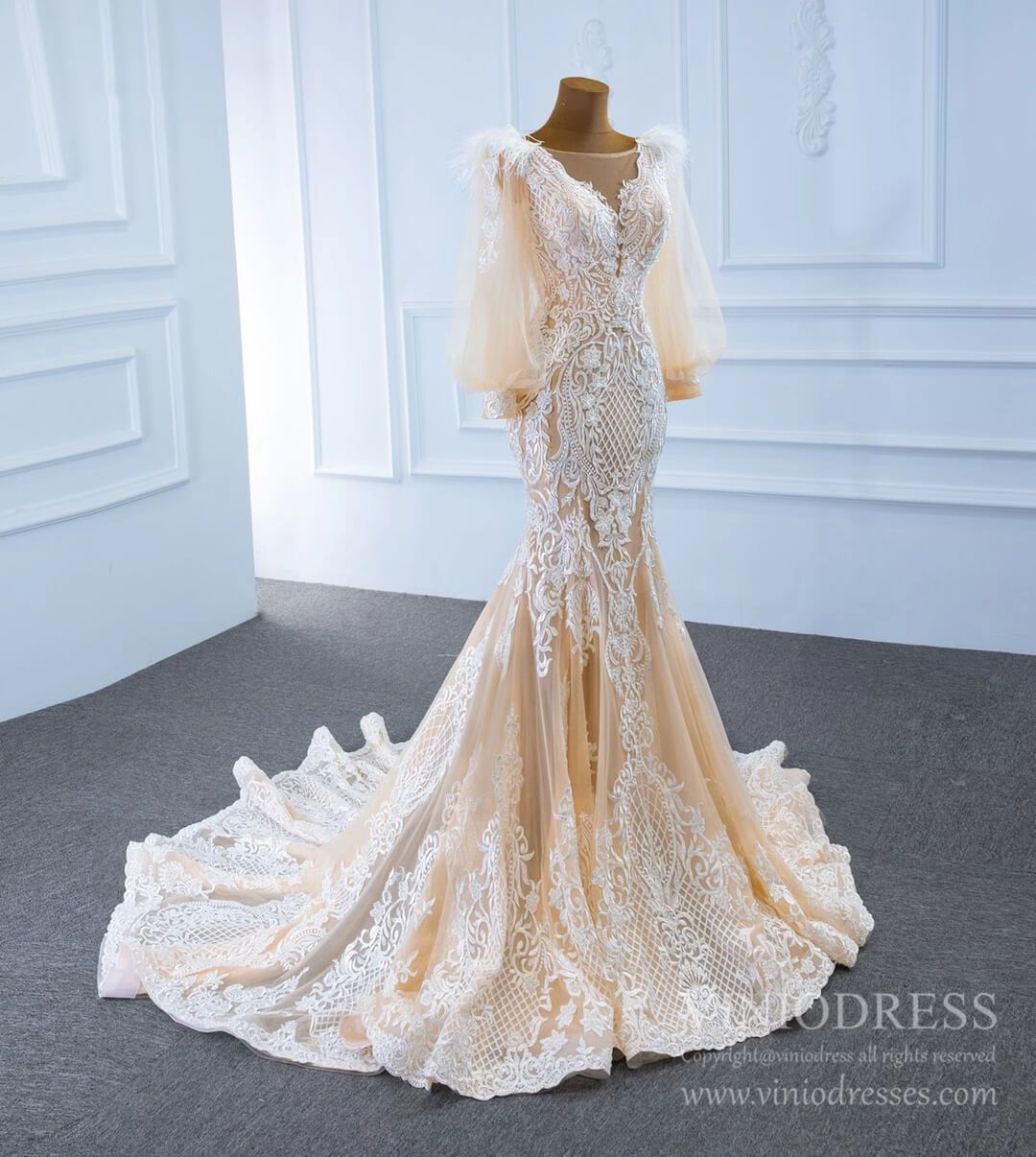 Champagne Mermaid Lace Wedding Dresses with Long Puff Sleeves VW1806-wedding dresses 2025 -Viniodress-Champagne-Custom Size-