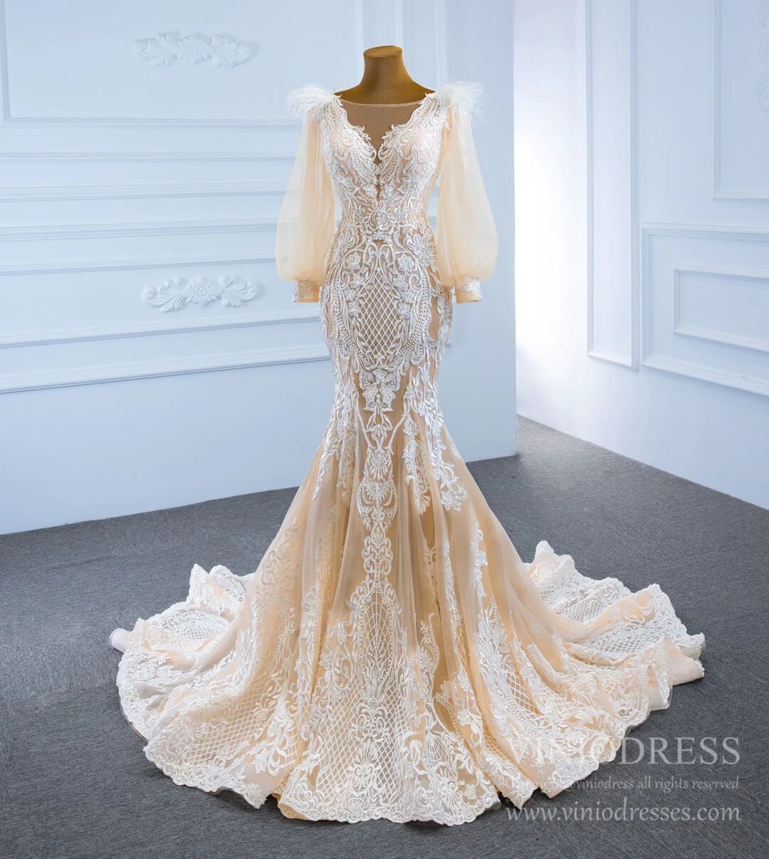 Champagne Mermaid Lace Wedding Dresses with Long Puff Sleeves VW1806-wedding dresses 2025 -Viniodress-Champagne-Custom Size-