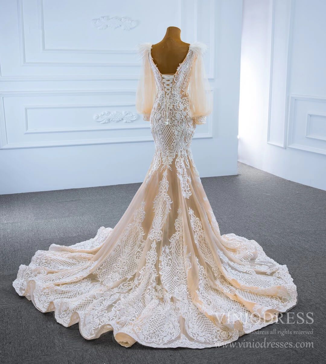 Champagne Mermaid Lace Wedding Dresses with Long Puff Sleeves VW1806-wedding dresses 2025 -Viniodress-Champagne-Custom Size-