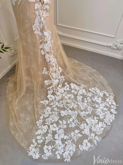 Champagne Mermaid Wedding Dress | Lace & Tulle Gown with Floral Appliqués, Corset Back VW1534-wedding dresses 2025 -Viniodress-Champagne-Custom Size-