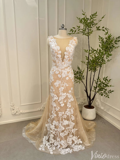 Champagne Mermaid Wedding Dress | Lace & Tulle Gown with Floral Appliqués, Corset Back VW1534-wedding dresses 2025 -Viniodress-Champagne-Custom Size-