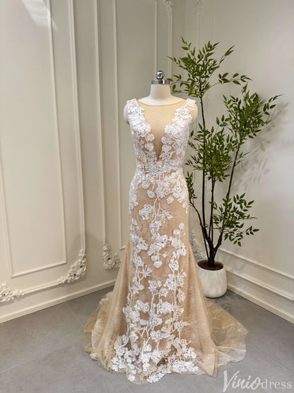 Champagne Mermaid Wedding Dress | Lace & Tulle Gown with Floral Appliqués, Corset Back VW1534-wedding dresses 2025 -Viniodress-Champagne-Custom Size-
