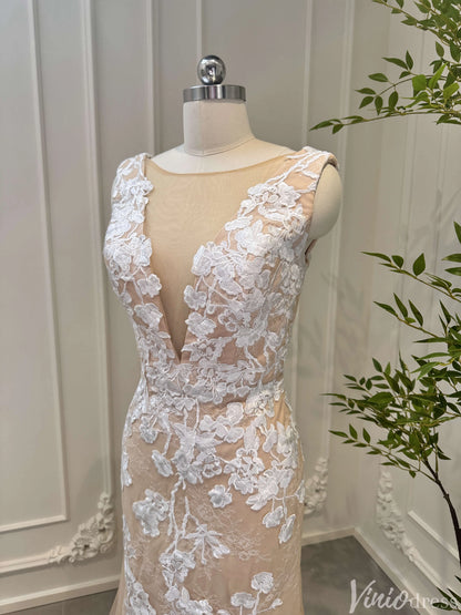 Champagne Mermaid Wedding Dress | Lace & Tulle Gown with Floral Appliqués, Corset Back VW1534-wedding dresses 2025 -Viniodress-Champagne-Custom Size-