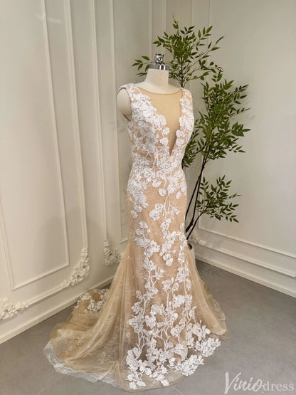 Champagne Mermaid Wedding Dress | Lace & Tulle Gown with Floral Appliqués, Corset Back VW1534-wedding dresses 2025 -Viniodress-Champagne-Custom Size-