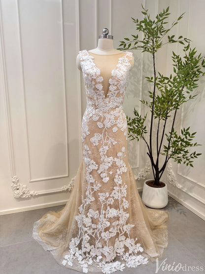 Champagne Mermaid Wedding Dress | Lace & Tulle Gown with Floral Appliqués, Corset Back VW1534-wedding dresses 2025 -Viniodress-Champagne-Custom Size-