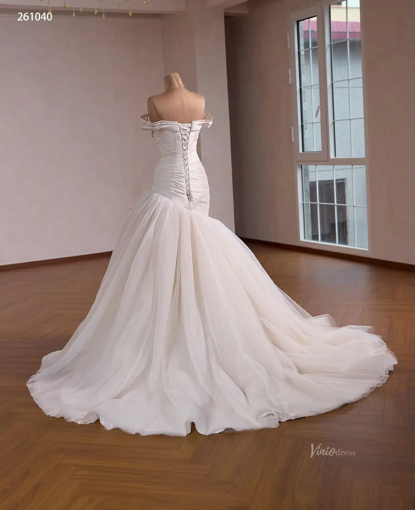 Champagne Off Shoulder Mermaid Wedding Dress Oversized Rosette – Viniodress
