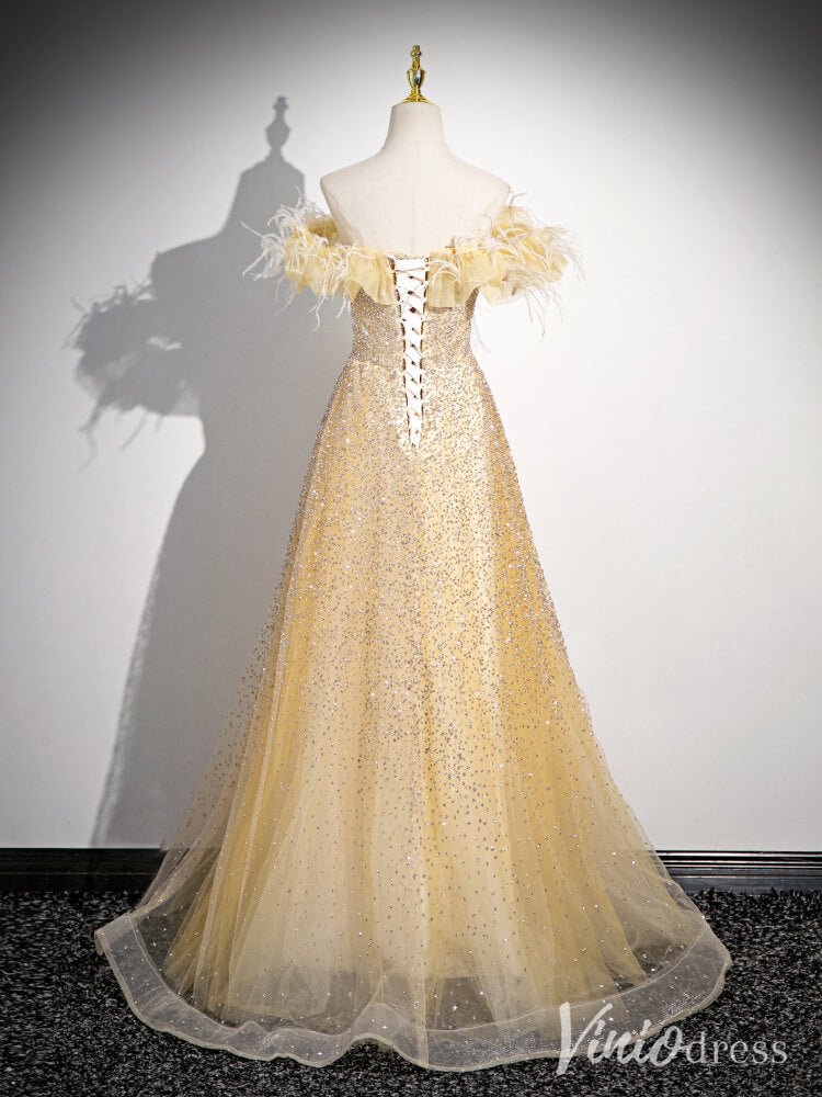 Champagne Off the Shoulder Prom Dresses Feather Sparkly Evening Dress AD1339-prom dresses 2025 -Viniodress-Champagne-Custom Size-