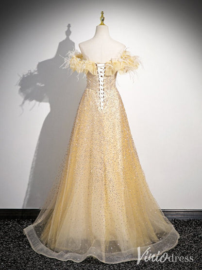 Champagne Off the Shoulder Prom Dresses Feather Sparkly Evening Dress AD1339-prom dresses 2025 -Viniodress-Champagne-Custom Size-