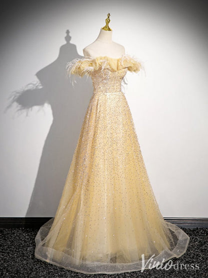 Champagne Off the Shoulder Prom Dresses Feather Sparkly Evening Dress AD1339-prom dresses 2025 -Viniodress-Champagne-Custom Size-