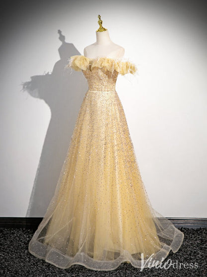 Champagne Off the Shoulder Prom Dresses Feather Sparkly Evening Dress AD1339-prom dresses 2025 -Viniodress-Champagne-Custom Size-